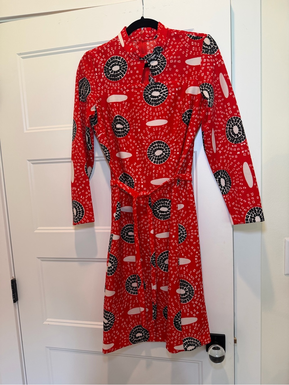 Vintage Red Midi Dress with Black & White Graphic Print